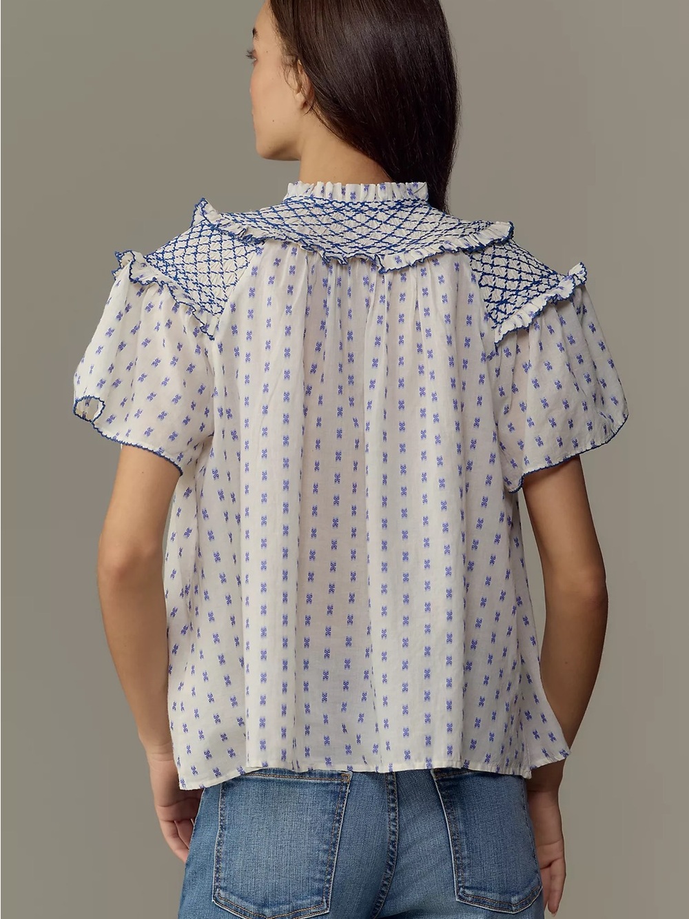 Anthropologie Pilcro Short-Sleeve Smocked Clip Dot Blouse - Picture 2 of 10